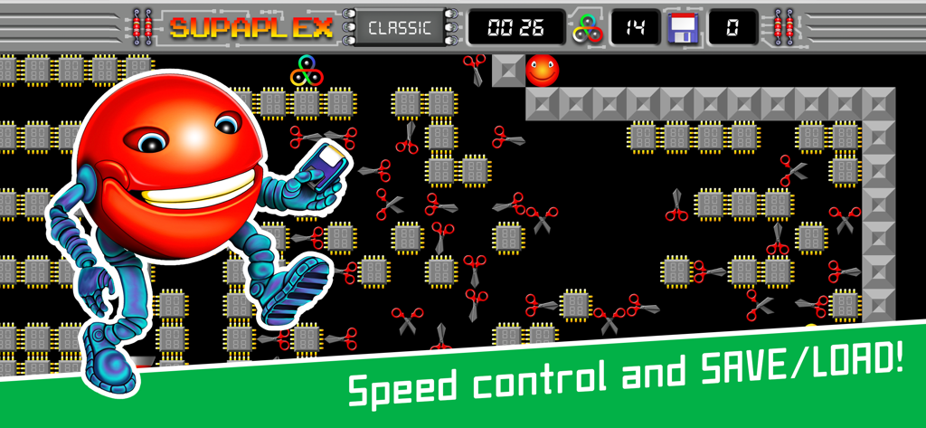 Supaplex - Supaplex Classic gameplay screenshot showing Murphy character and save load feature banner