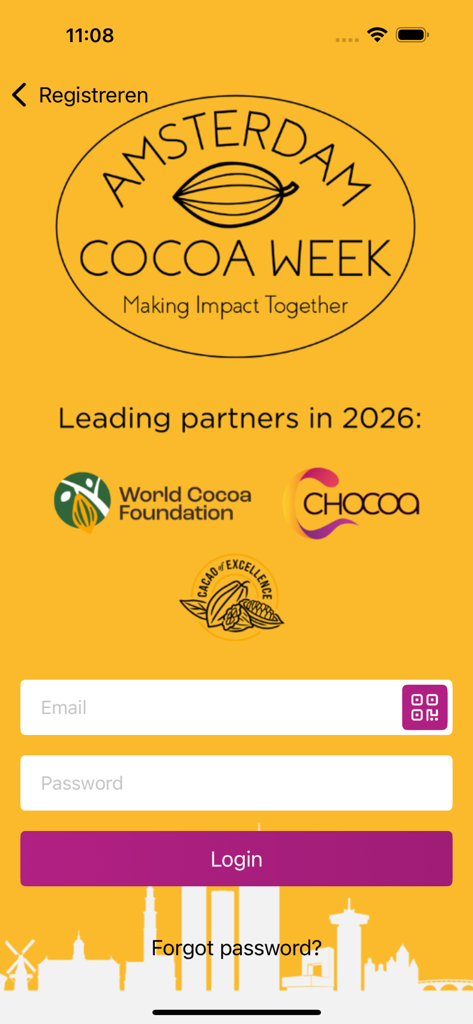 Amsterdam Cocoa Week - Pantalla de inicio de sesión de la aplicación Amsterdam Cocoa Week con el logotipo del evento y la marca de los socios