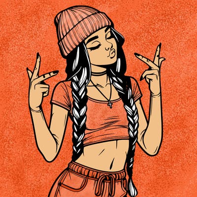 realistic teenage girl with braids and a beanie and crop top doing 🫶🏼