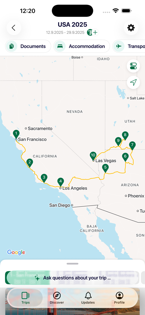 A multi-stop travel itinerary map for a USA trip on the Tourlane app.