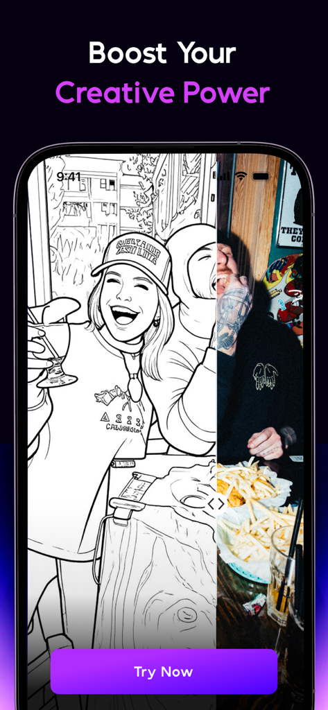 Uma tela dividida mostrando uma foto real de um casal sendo transformada em um esboço em preto e branco de arte linear