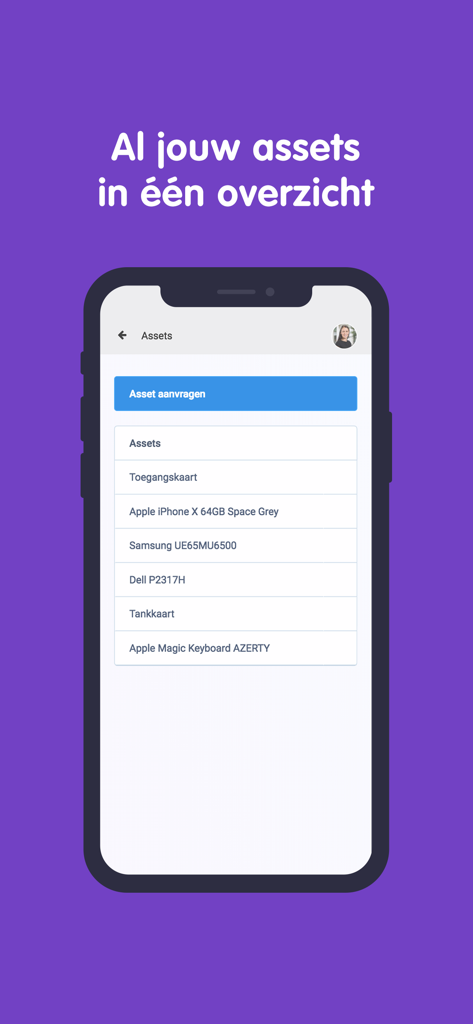 Officient - Officientモバイルアプリの画面。従業員に割り当てられたiPhoneやラップトップなどの会社資産のリストが表示されます。
