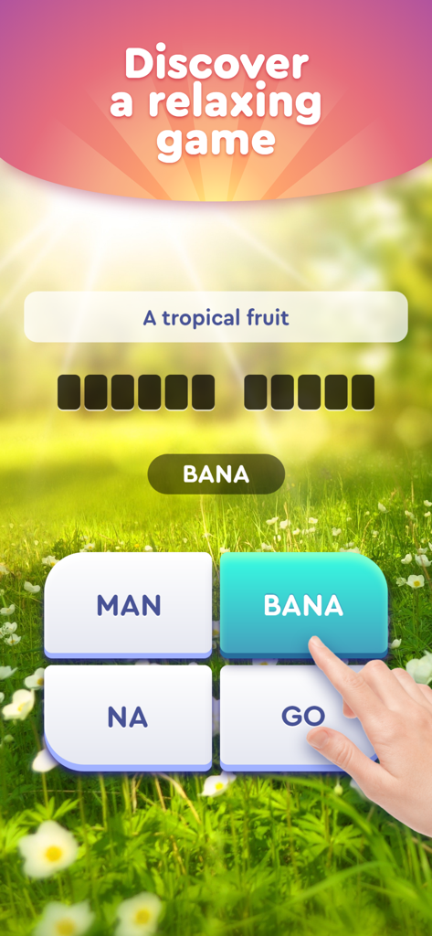 Una interfaz de puzzle de palabras con una pista de frutas tropicales y un fondo de prado soleado