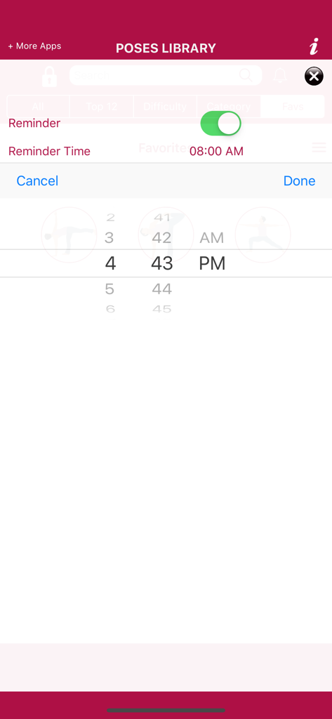 初心者向けヨガアプリのインターフェース。毎日の練習リマインダー時間を設定するオプションが表示されています。
