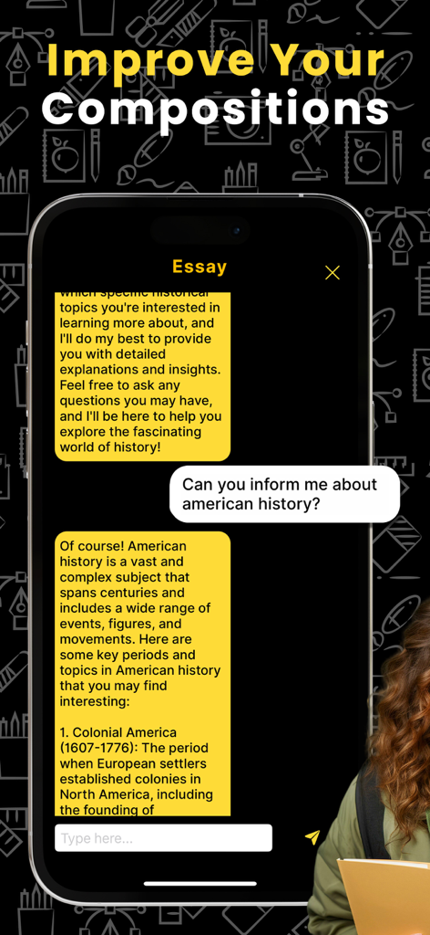 AI Math - Homework Helper - Interface of the AI Math app showing a chat interaction for essay help about American history