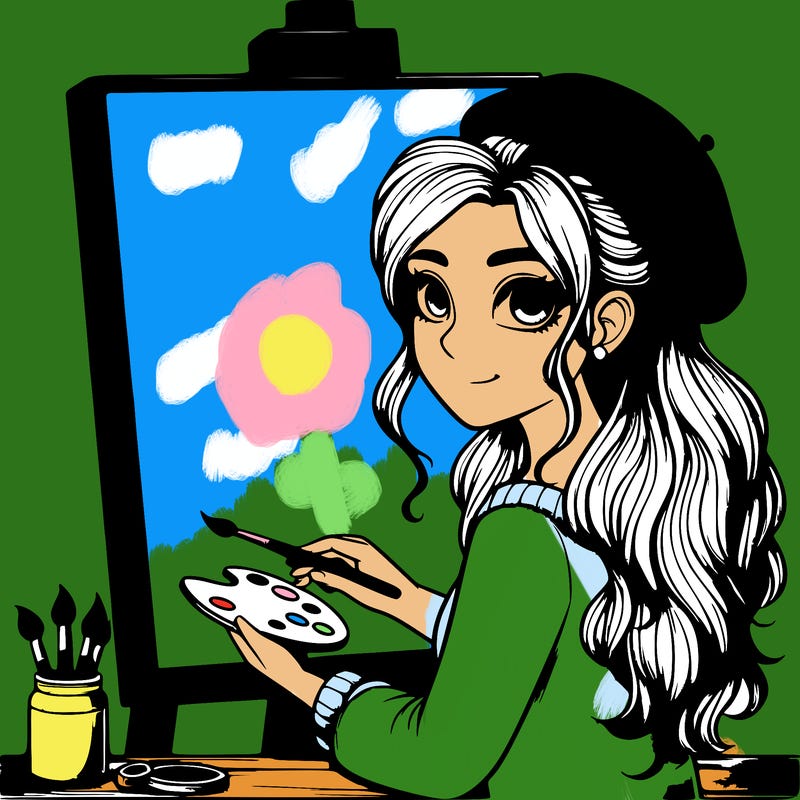 realistic girl artist painting a blank canvas