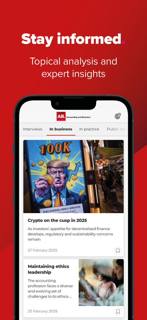 ACCA AB magazine - ACCA AB magazine app interface displaying professional accounting and finance news articles.