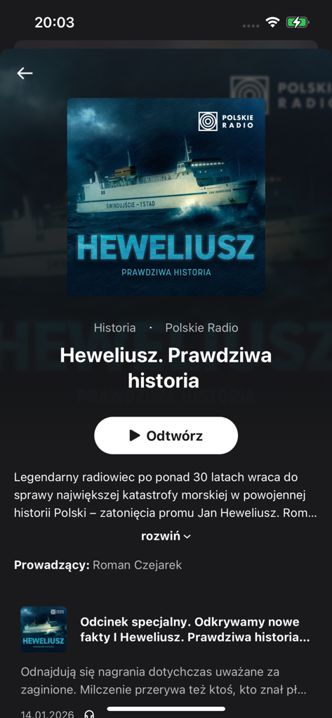 Captura de pantalla de la aplicación Polskie Radio mostrando un podcast sobre el desastre marítimo de Heweliusz