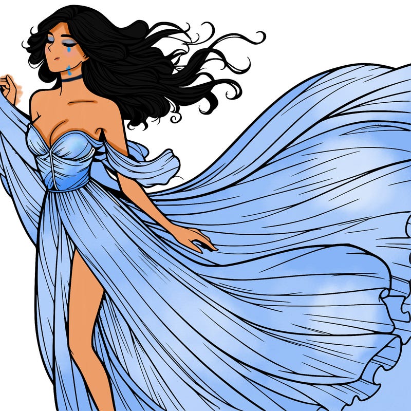 realistic woman in dress flowing the the wind