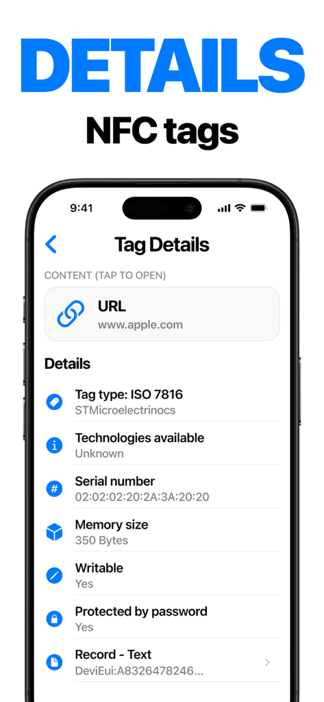 A mobile interface displaying technical NFC tag details including type serial number memory size and scanned content