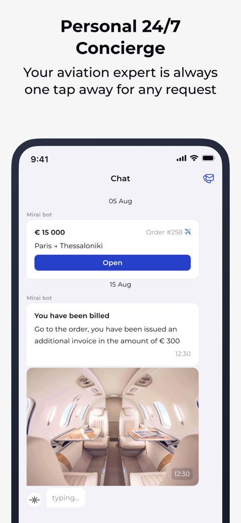 Mirai Flights - Screenshot of the Mirai Flights app chat interface highlighting the 24/7 personal concierge service and booking details.