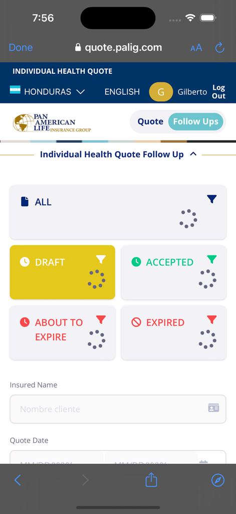 PALIG Cotizador - Pantalla del panel de control de la aplicación PALIG Cotizador para seguir el estado de las cotizaciones de seguros de salud, incluidas las solicitudes en borrador y aceptadas