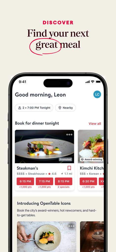 Interfaz de la app OpenTable mostrando listados de restaurantes y horarios de reserva