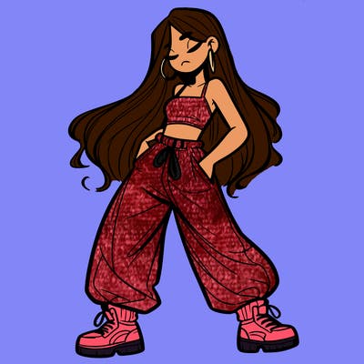 girl in baggy pants crop top and long hair