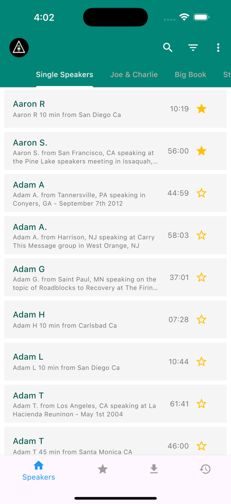 List of recovery speakers and audio tapes in the AA Speakers mobile app