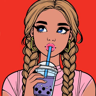 realistic girl with braided hair drinking boba