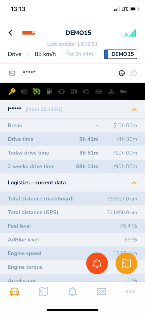 Real-time vehicle telematics dashboard showing driver hours, fuel levels, and distance data.