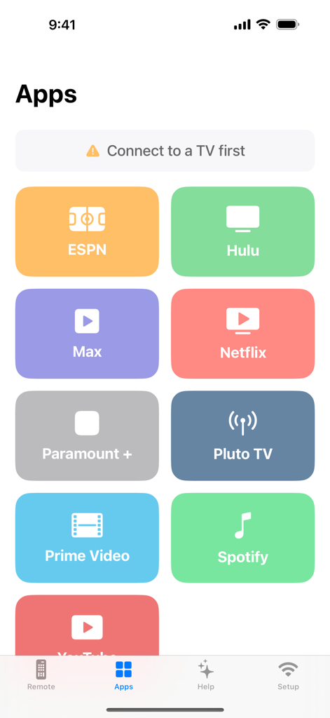 EasyTV - Samsung Remote - EasyTVアプリの画面。Netflix、Hulu、ESPNなどのストリーミングサービスを起動するための大きなカラフルなボタンが表示されています。