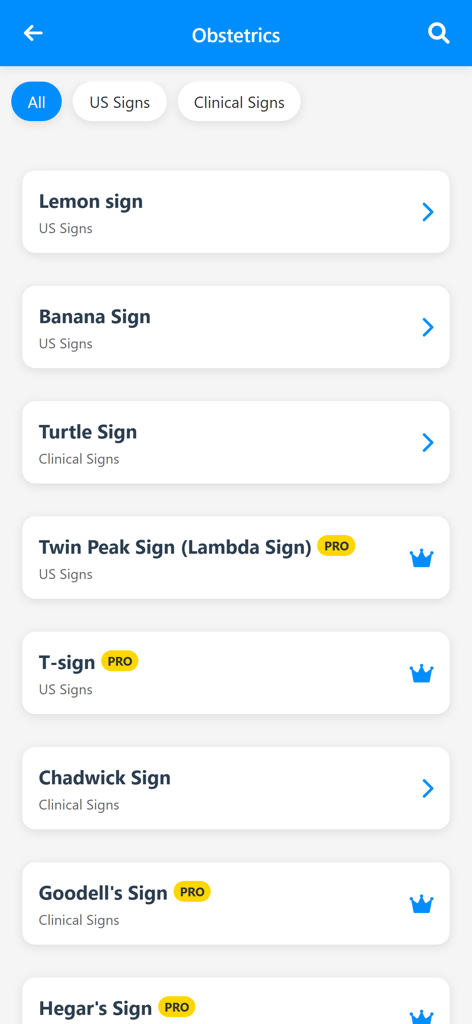 Gynecology & Obstetrics Signs - Lista de signos clínicos y de ultrasonido de obstetricia en la interfaz de la aplicación Signos de Ginecología y Obstetricia
