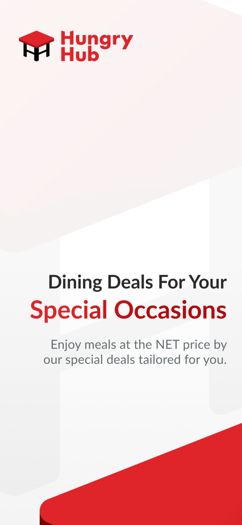 Hungry Hub - Dining Offer App - Pantalla de la app Hungry Hub que muestra ofertas de comida para ocasiones especiales a precios netos fijos.
