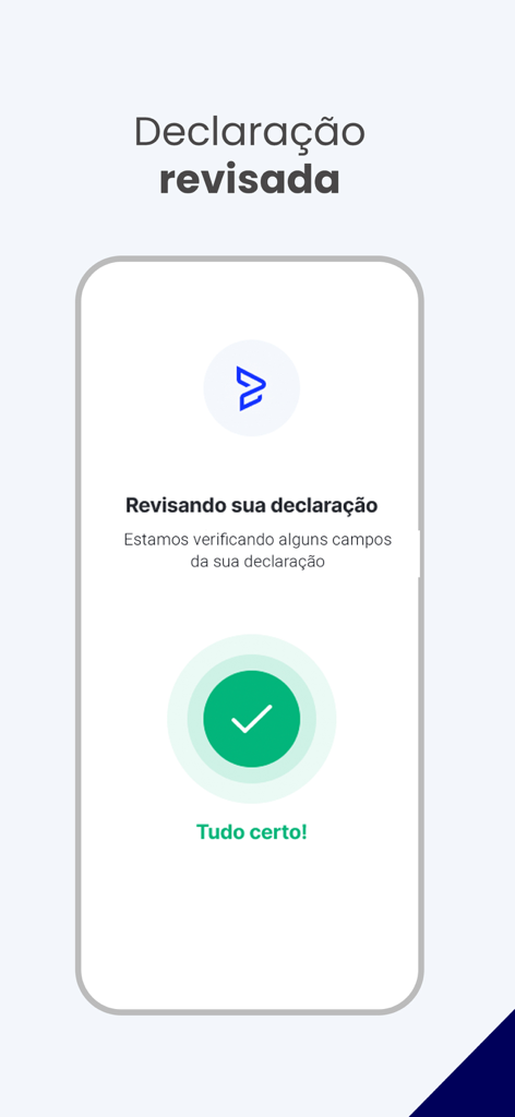 Velotax App - Velotaxアプリインターフェースに、緑色のチェックマークと「Tudo certo」というメッセージが表示された、税務申告のレビュー成功が表示されています。