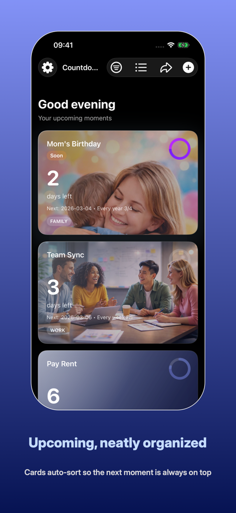 Daystreak: Countdown - Interface of Daystreak Countdown app showing auto-sorted event cards for birthdays, work meetings, and rent payments