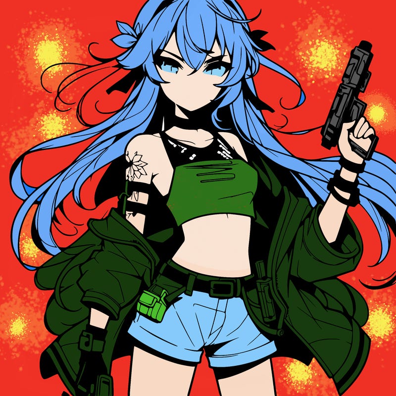 bad girl wearing crop top holding a gun long hair anime