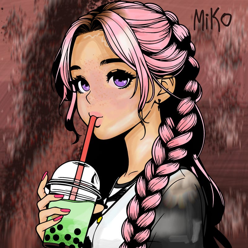 realistic girl with braided hair drinking boba