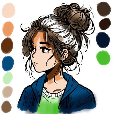 realistic teenage girl with a messy bun