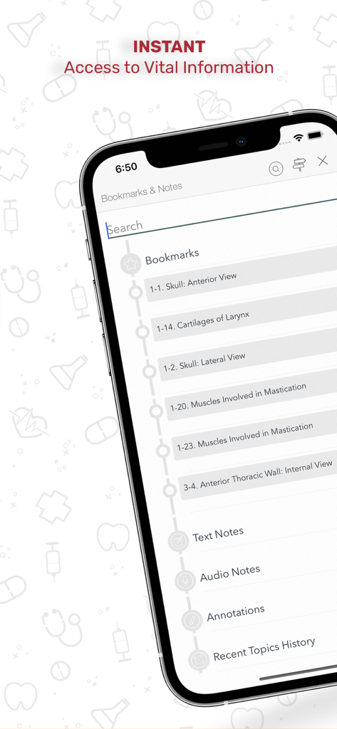 Netters Anatomy Flash Cards app interface showing the bookmarks and notes screen with search functionality.