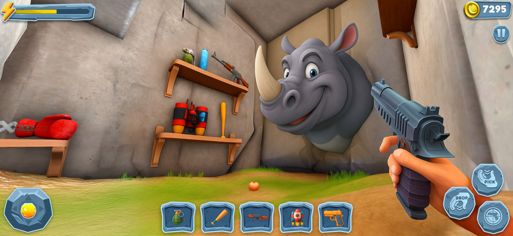 Monkey from Hell Zoo Cage Game - Visão em primeira pessoa de um jogador segurando uma pistola em um recinto de zoológico cheio de armas com uma cabeça de rinoceronte na parede