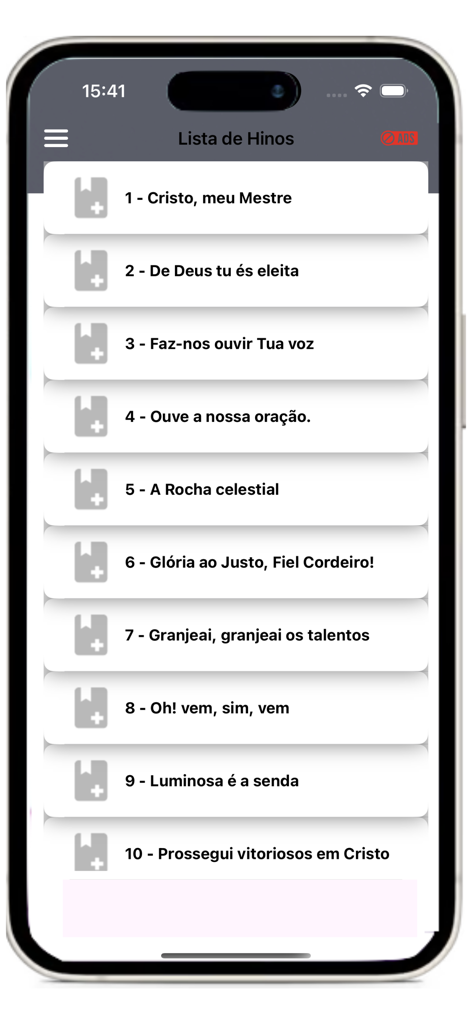 Hinário CCB Nº 05 - Mobile screen displaying a numbered list of Portuguese hymns in the Hinario CCB No 05 app