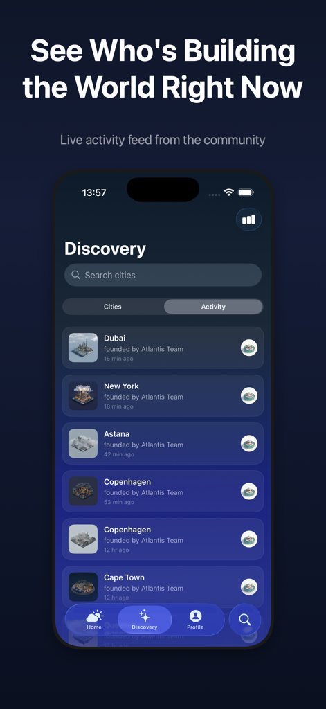 Atlantis AI - 3D Weather App - Discovery screen of Atlantis AI app showing a live activity feed of 3D city dioramas.