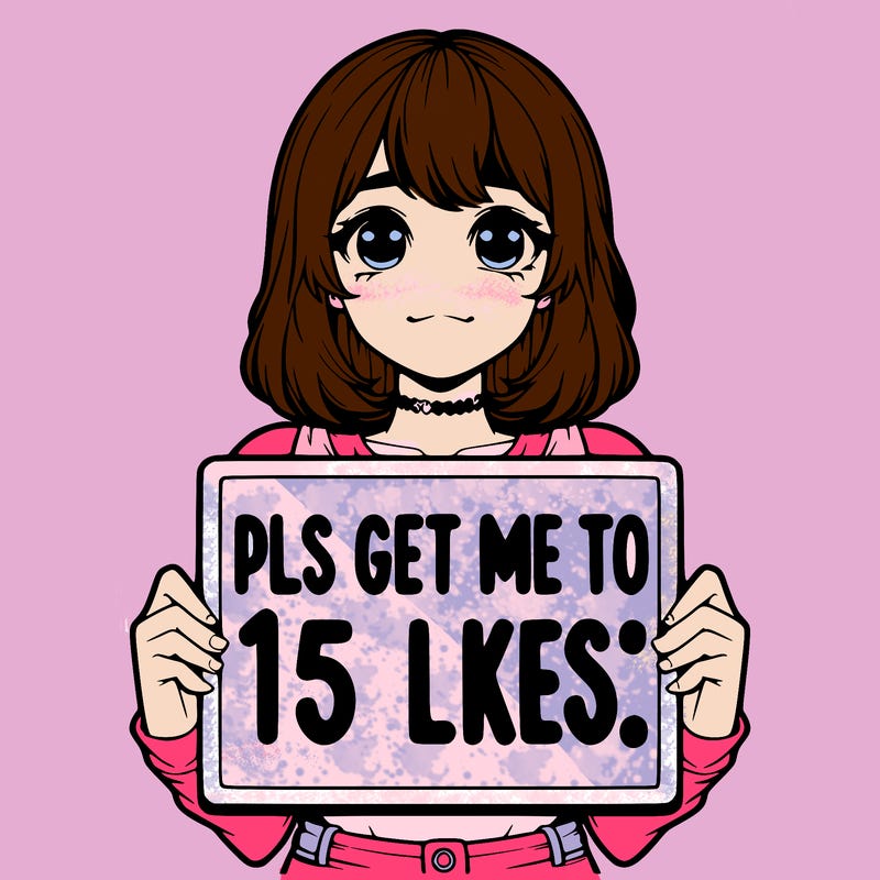 realistic girl holding up a sign that says “pls get me to 15 likes!”