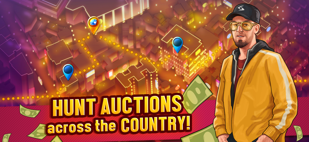 Bid Wars: Storage Auction Game - A man in a yellow jacket standing in front of a city map with the text Hunt Auctions across the Country