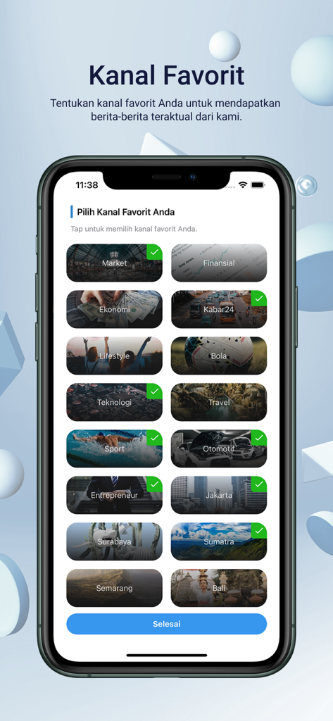 Bisnis.com app interface for selecting favorite news categories like market and finance