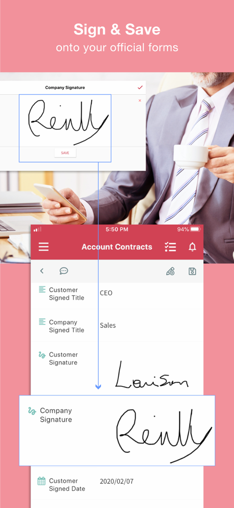 Función de firma digital en un formulario de base de datos móvil dentro de la aplicación Ragic.
