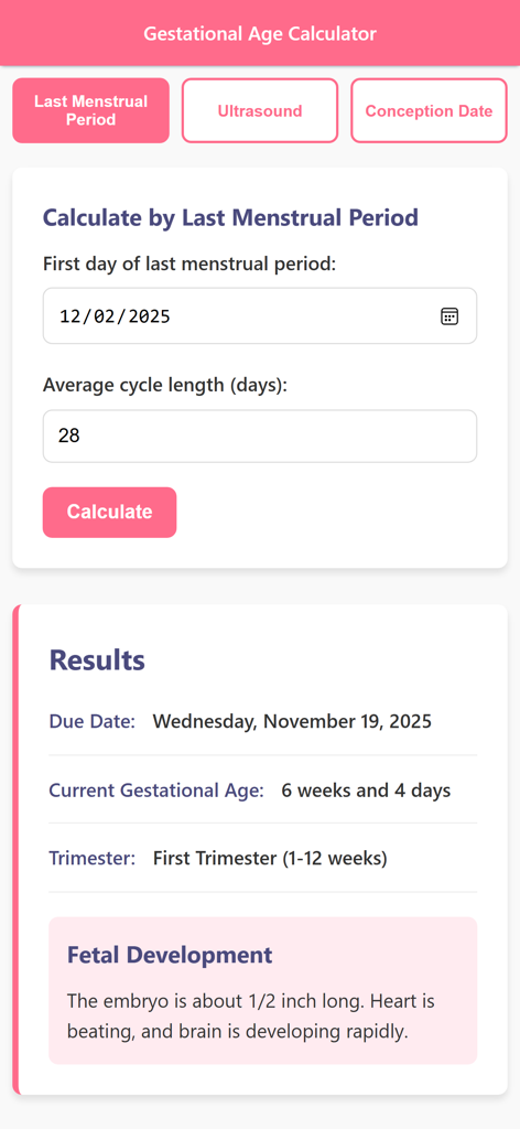Gestational Age Calculator App - Interface of a gestational age calculator app displaying pregnancy progress and fetal development milestones.