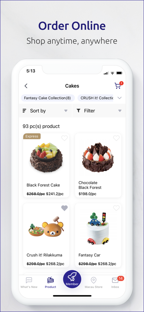 Saint Honore Cake Easy Macau - Saint Honore Cake Easy Macau app online ordering screen displaying a variety of cakes including Black Forest and Rilakkuma
