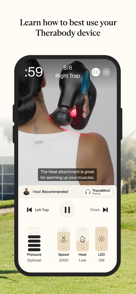 Therabody - Therabody app interface showing a guided massage routine for the right trap muscle using a Theragun with pressure and heat controls