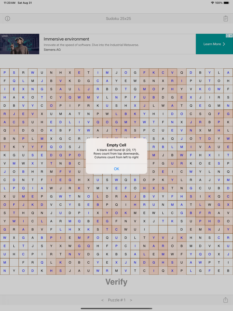 Sudoku 25x25 - 空のセルエラー通知を示す iPad 上の巨大な 25x25 数独グリッド