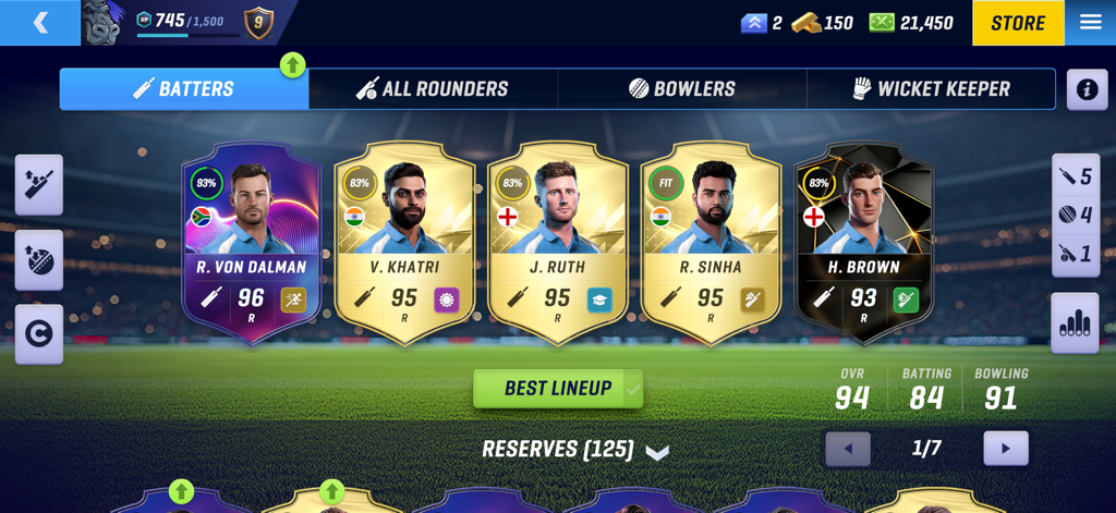 Cricket Team Coach - Un écran de gestion d'équipe dans l'application Cricket Team Coach montrant une sélection de cartes de joueurs batteurs très bien notés avec des statistiques individuelles et d'équipe.