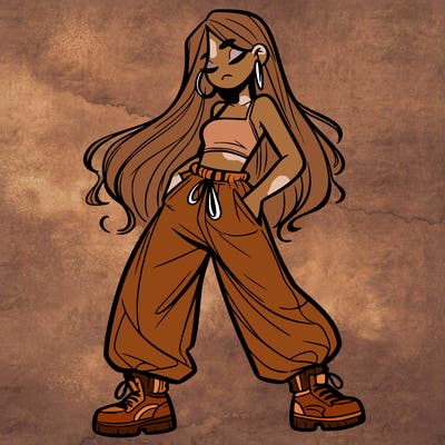 girl in baggy pants crop top and long hair