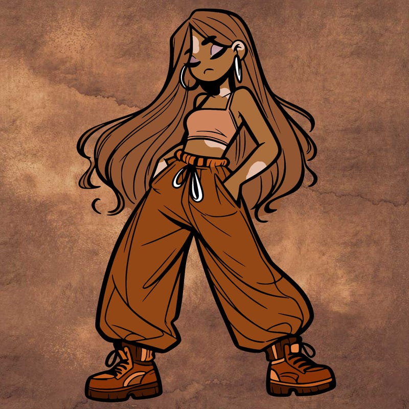 girl in baggy pants crop top and long hair