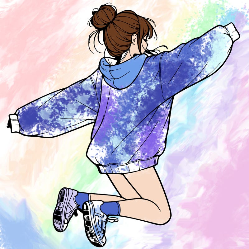 realistic girl jumping with a bun and oversized sweatshirt