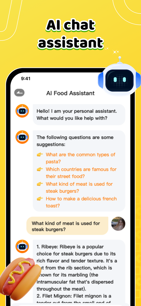 Seeya - Captura de pantalla móvil de la aplicación Seeya que muestra una interfaz de chat de asistente de comida con IA con consejos de cocina y preguntas sobre comida