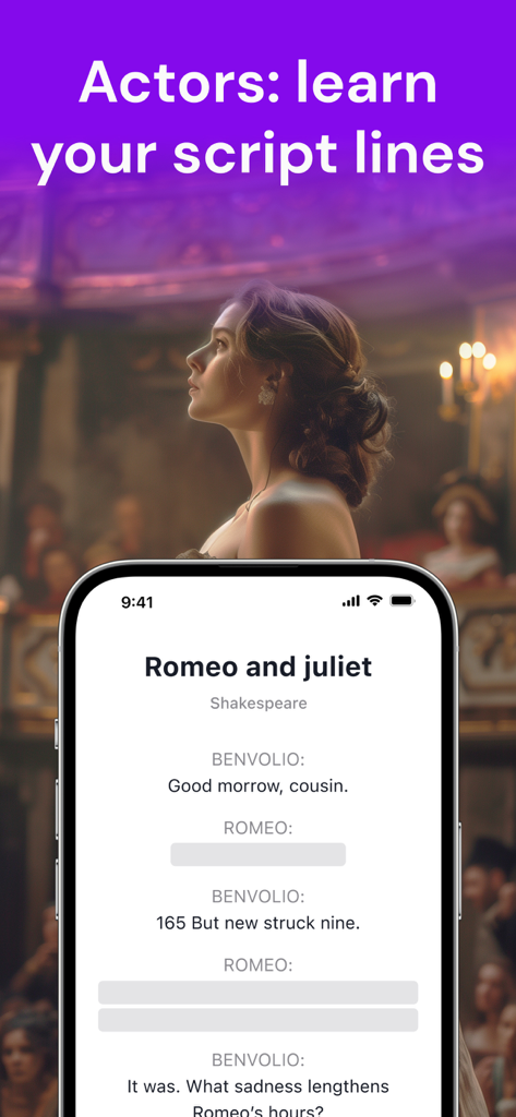A smartphone showing the MemoCoach app with a Romeo and Juliet script where some lines are hidden for memorization practice.