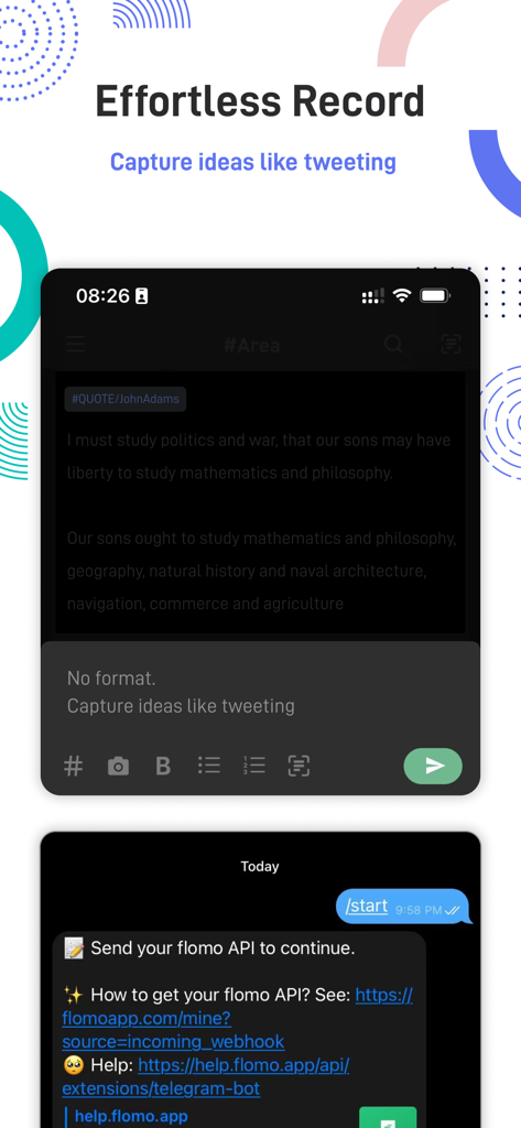 flomo浮墨-极简卡片笔记、轻便签与日记备忘 - flomo mobile app interface displaying effortless note recording and idea capture features in dark mode.