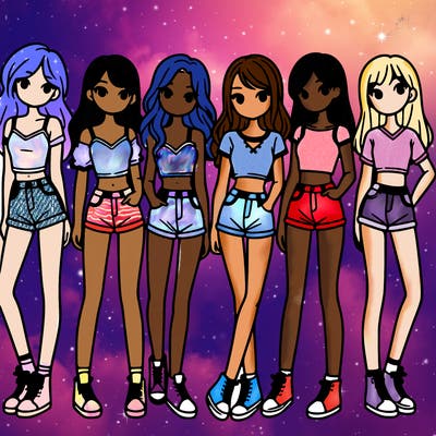 a group of girls wearing crop tops and shorts