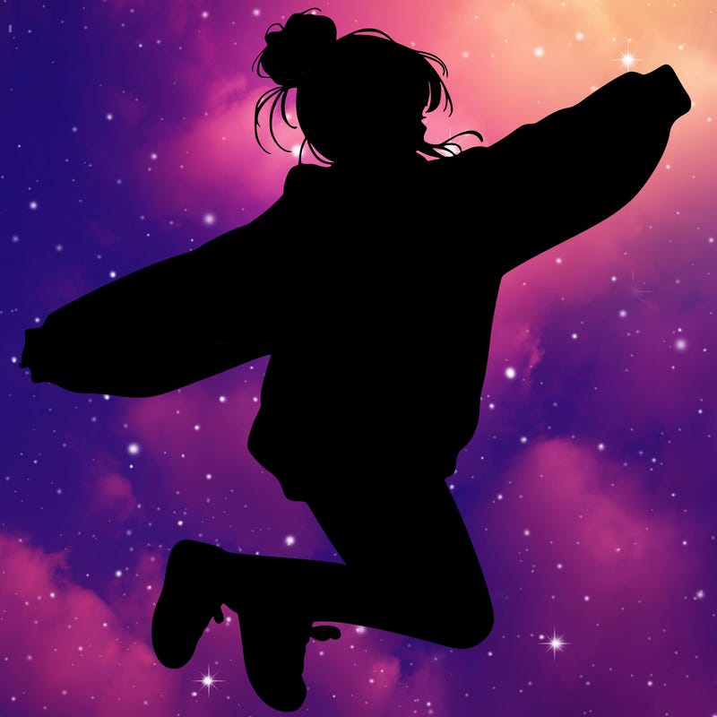 realistic girl jumping with a bun and oversized sweatshirt